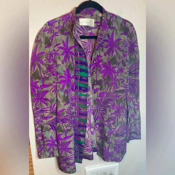 Vintage Dana Buchman Silk Tropical Print Long Sleeve Shirt Size 6 Purple - Picture 4 of 8